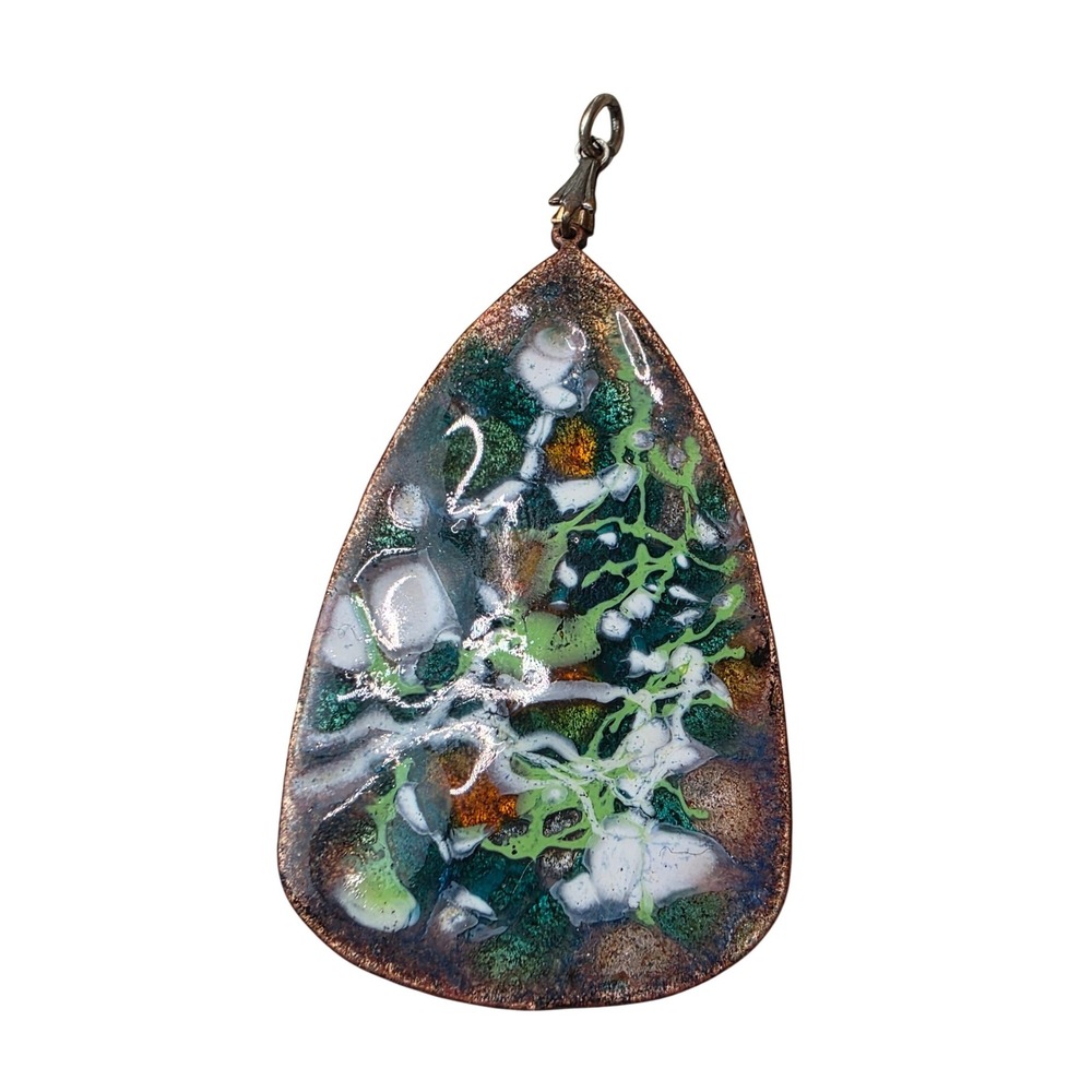 Vintage Mid Century Modern Enamel on‎ Copper Abstract Teardrop Pendant Green